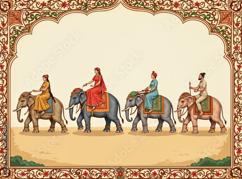 Mughal Royal Procession Vector – Four Elephants with Queen, Ornate Border and Palace Backdrop, Festive Wedding Wallpaper Illustration for Decor and Invitation