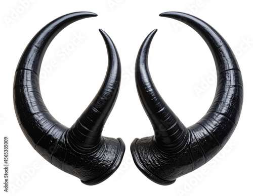 Pair of Glossy Black Curved Demon Horns with Textured Surface, isolated on transparent background