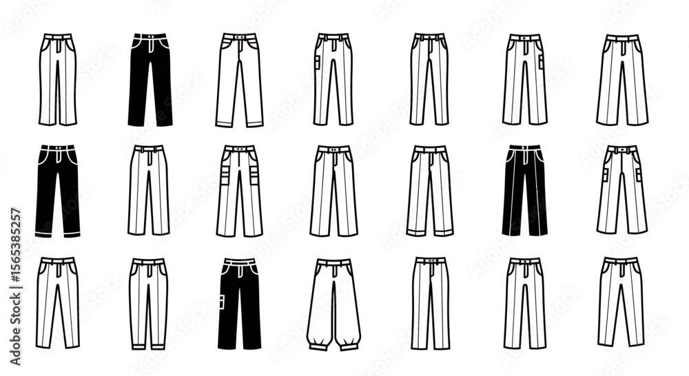 Diverse Collection of Pants Trousers Jeans Cargo Clothing Apparel Fashion Style Outline Vector Icons Set Black and White Line Art Garments Featuring Different Leg Fits and Pocket Diverse Collection of Pants Trousers Jeans Cargo Clothing Apparel Fashion Style Outline Vector Icons Set Black and White Line Art Garments Featuring Different Leg Fits and Pocket