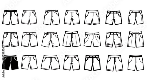 Detailed Outline Vector Icons Set Featuring a Comprehensive Array of Men's and Women's Shorts Apparel Designs Showcasing Various Fashion Styles from Casual to Athletic Wear