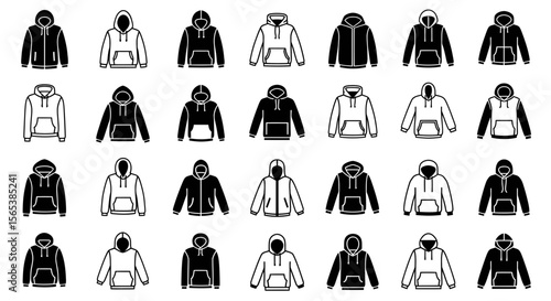 Vector Icon Set Apparel Collection Illustrating Diverse Hoodie and Sweatshirt Styles Featuring Both Silhouette and Outline Designs Ideal for Graphic Design and Fashion Projects