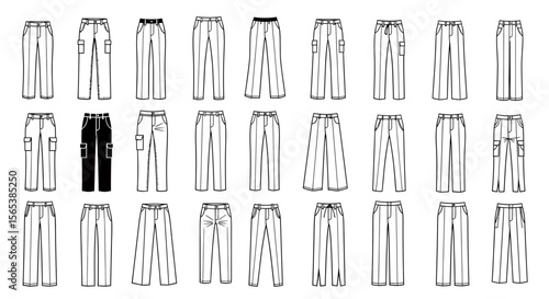 Comprehensive apparel technical flat icon set featuring various men's women's pants styles including cargo wide leg straight leg trousers garment outline drawing vector