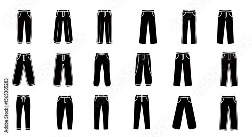 Vector silhouette icon set showcasing diverse apparel bottom wear including various pants trousers styles flat black graphics for fashion design projects