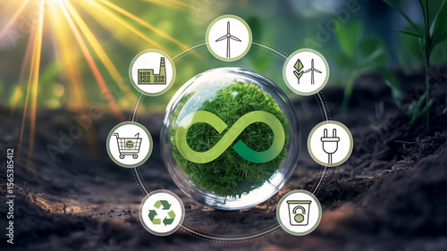 Wallpaper Mural A digital circular infographic shows a green infinity orb surrounded by sustainability icons, sunburst light, dark soil, and a modern environmental design Torontodigital.ca