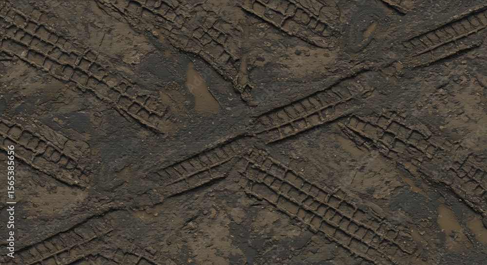 Obraz premium Muddy ground with deep intersecting tire tracks and small puddles