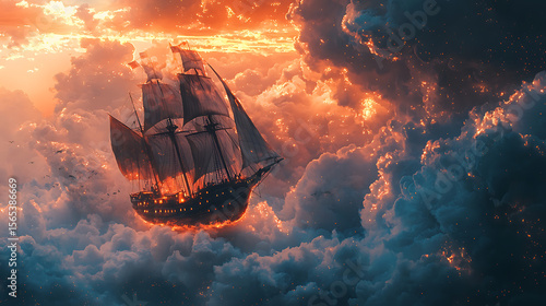 Fototapeta Naklejka Na Ścianę i Meble -  A large ship is flying through the sky with a stormy, dark background