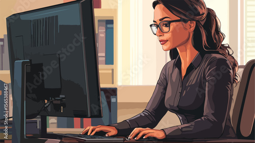 Professional Businesswoman Using Desktop Computer - Flat Vector Illustration