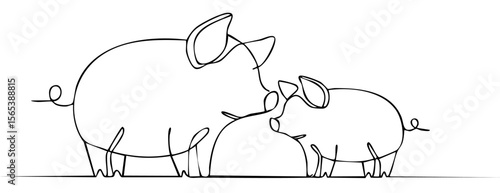 A mother pig lovingly embraces her baby pig, illustrated in a continuous line drawing. This minimalist artwork captures the bond between a mother and child, and a gentle tenderness.