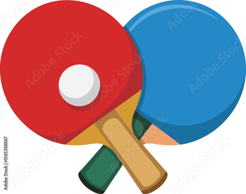 A close up of two ping pong paddles one red with a ball and one blue on a white background design
