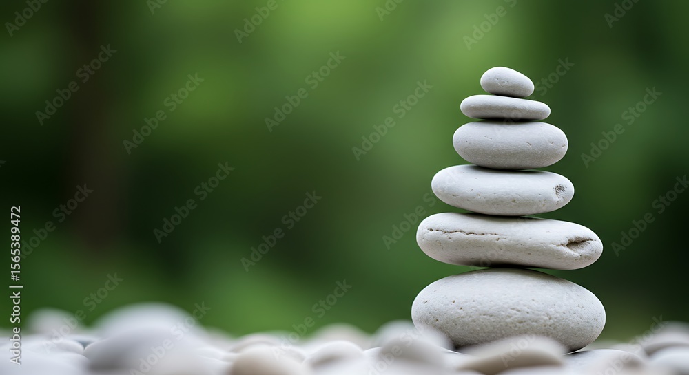 Fototapeta premium A Balanced Stacked Stone Sculpture Against a Soft Green Background Representing Tranquility and Nature