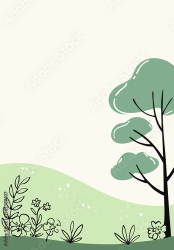A serene landscape illustration with a tree, grass, and flowers in a minimalist style, with an appealing pastel palette