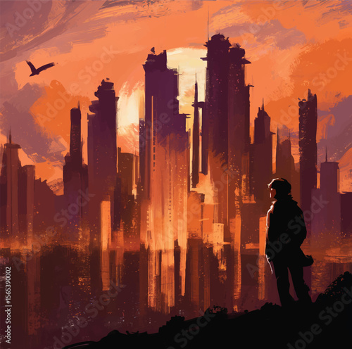 city skyline silhouette with tall buildings at sunset point style with dripping paint effects conveying a dynamic and intense urban atmosphere
