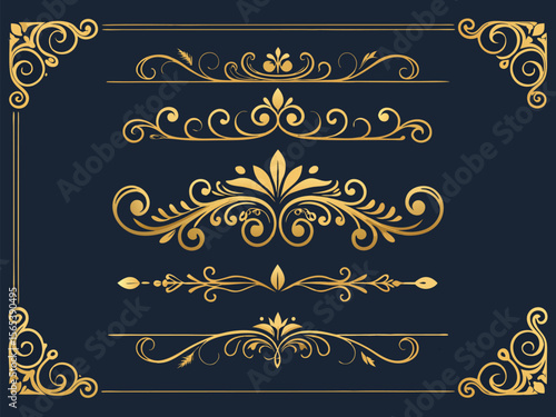 Vintage floral frame border design vector with calligraphic gold ornate elements for elegant wedding invitation card