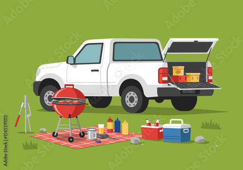 Tailgate Grill Party with White Truck and Picnic Blanket on Green Grass