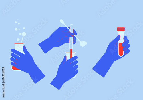 Hands in Gloves Performing Medical Tests with Test Tubes and Swabs