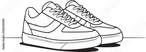 "Black and White Line Art of Casual Sneakers: Minimalist Outline Illustration of Stylish Athletic Footwear"