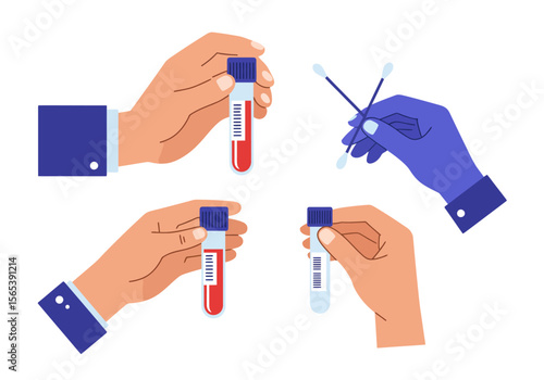 Hands Holding Test Tubes and Swabs for Medical Analysis and Diagnosis