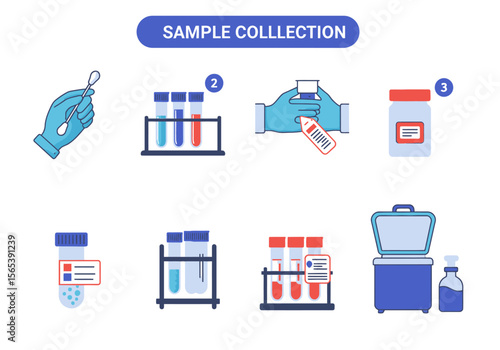 Sample collection process with test tubes vials and containers for medical analysis