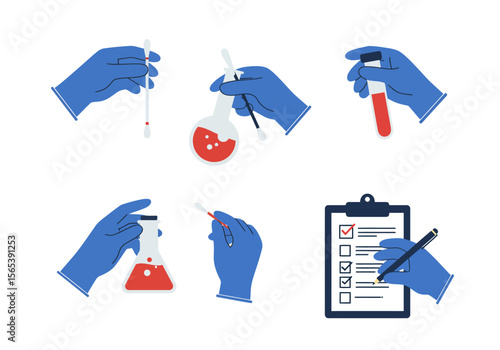 Hands in Gloves Performing Medical Lab Tests and Filling Out Checklist Form