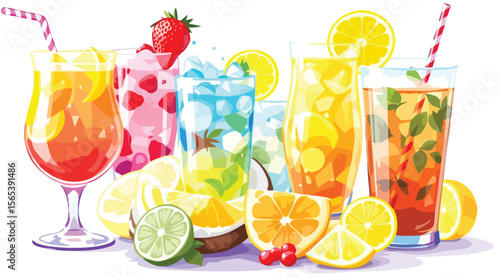 Refreshing assortment of summer cocktails with fresh fruits and ice isolated on white background.