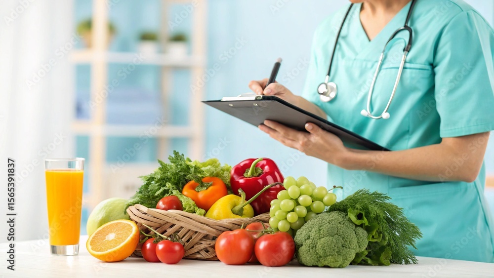 Female doctor recommends fresh vegetables, fruits, and juice for healthy diet, writing on a clipboard in her office Female doctor recommends fresh vegetables, fruits, and juice for healthy diet, writing on a clipboard in her office