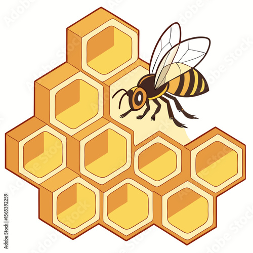 Cartoon bee resting on a honeycomb structure illustration