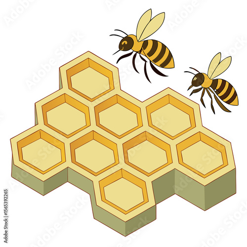 Two cartoon bees flying near a hexagonal honeycomb structure