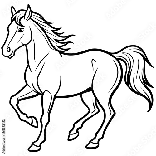 Elegant black and white outline drawing of a galloping horse
