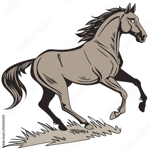 Majestic brown horse galloping through tall grass in a stylized illustration