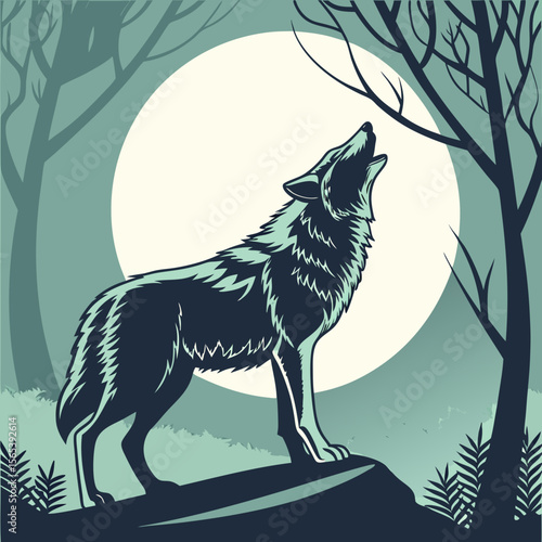 Stylized wolf howling at the moon in a forest