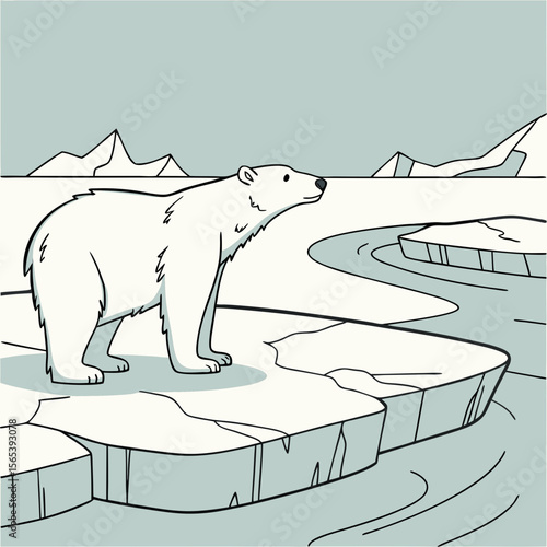 A lone polar bear stands on an ice floe in a serene arctic landscape