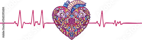 Colorful decorated heart with ekg pulse line illustrating healthy living and wellness.