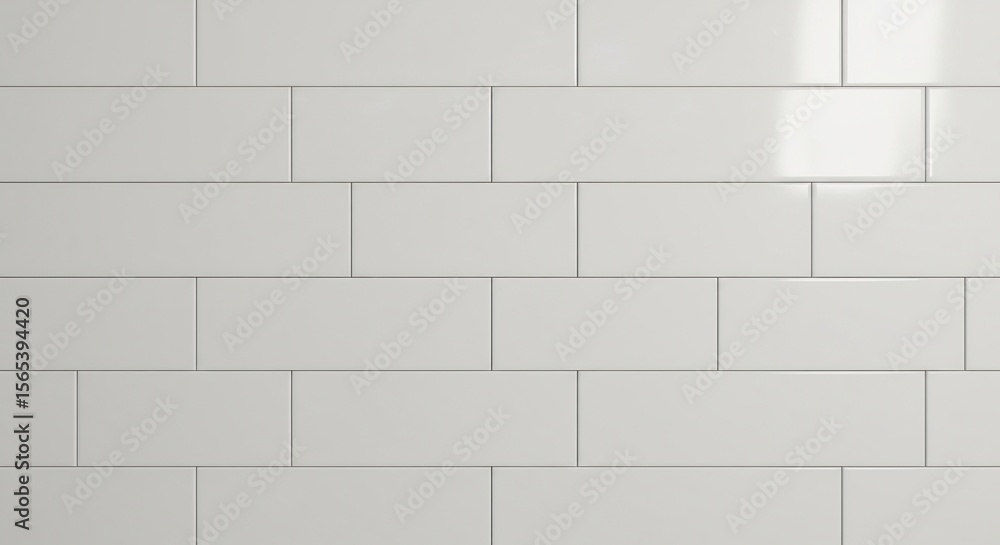 Naklejka premium Wall of light greywhite rectangular tiles in a staggered pattern showing subtle highlights