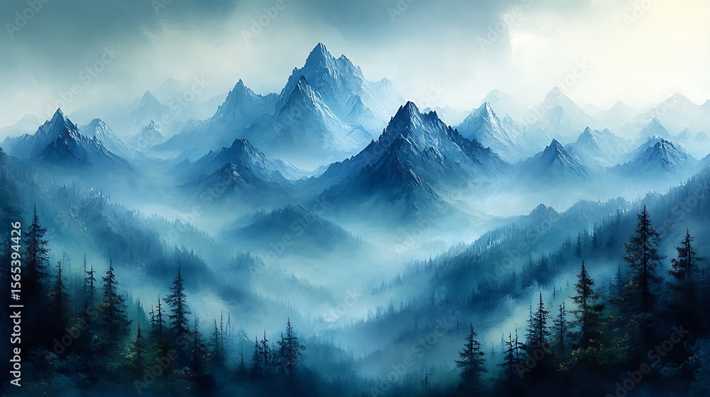 Fototapeta premium Scenic blue mountain range landscape painting with fog and pine trees image