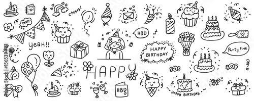 Hand drawn happy birthday element line doodle concept set. Illustration vector design.