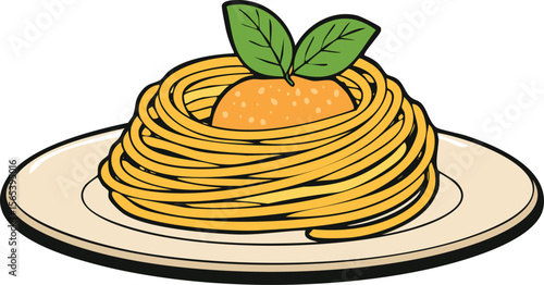 A plate of spaghetti nestles a whole orange, garnished with fresh mint leaves.