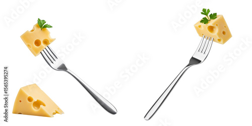 Pieces of cheese on forks with green garnish on transparent background 