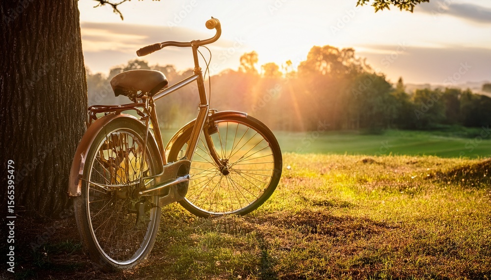 Fototapeta premium an antique bicycle rests against a tree in golden sunlight