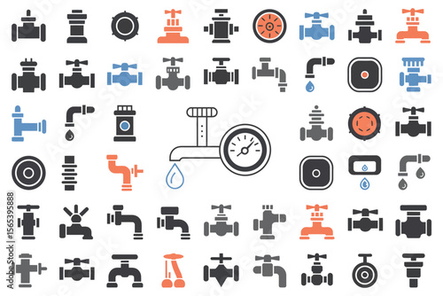 Plumbing and pipework pixel art icons silhouette set

