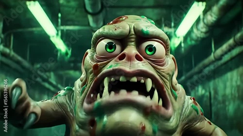 Wallpaper Mural Grotesque green zombie creature with wide eyes and sharp teeth in a tunnel Torontodigital.ca