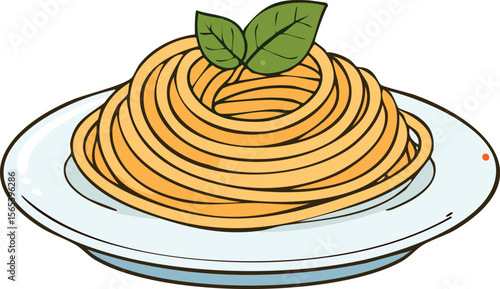 A plate of cooked spaghetti topped with fresh basil leaves.