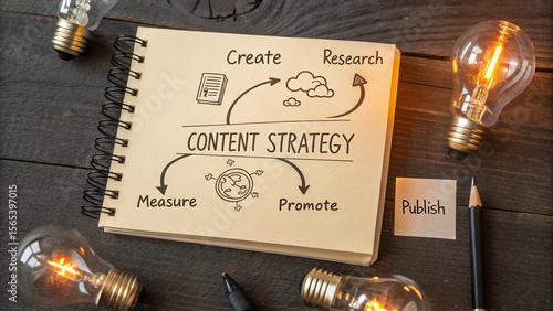 A content strategy concept is shown with create, research, measure, promote, and publish for business planning and marketing success.