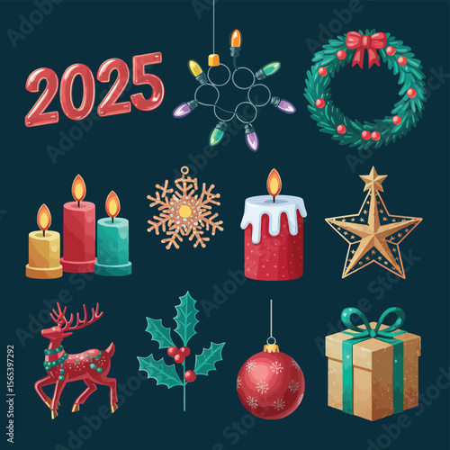 vector Happy New Year Celebrating 2025 in Latin letters , Christmas Decoration Items Santa Claus