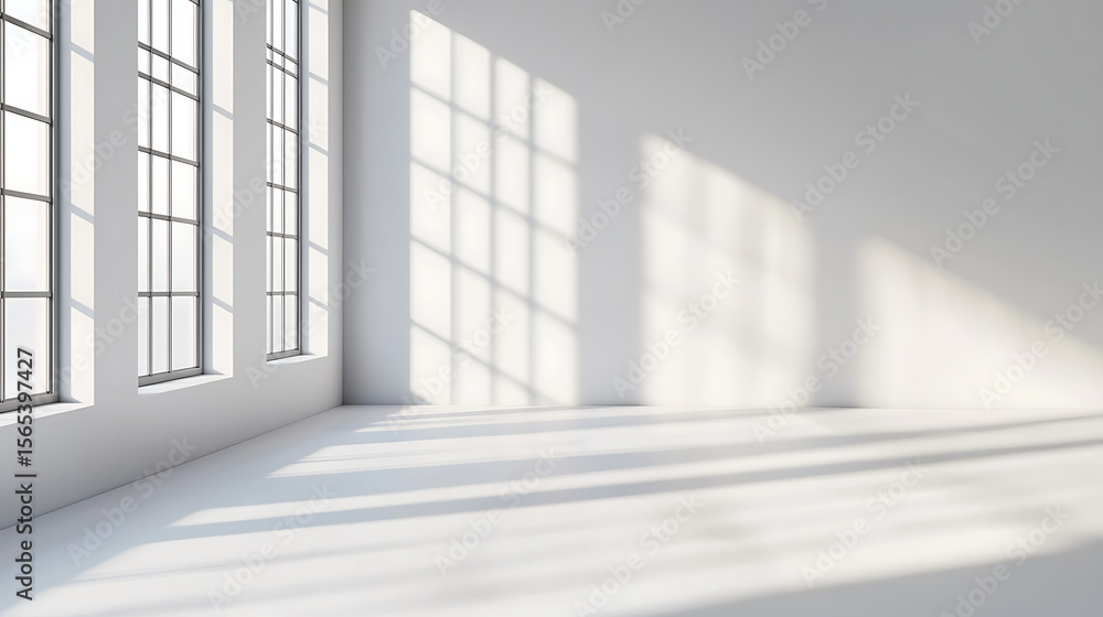 Fototapeta premium A large, empty room with three windows and a white wall