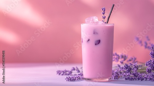 Aesthetic ube drink with soft pink and lavender background