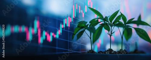 ESG, Environment and Investment Green plants growing in front of financial graphs and charts.