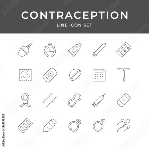Contraception Line Icon Set – Birth Control, Condom, Pill, IUD, Safe, Family Planning, Medical, Minimal Vector Collection
