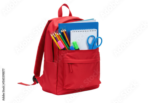 Vibrant red new nylon school backpack, open, revealing sharpened pencils, colorful markers, two notebooks, blue folder, child-safe scissors on transparent studio background with copy space,