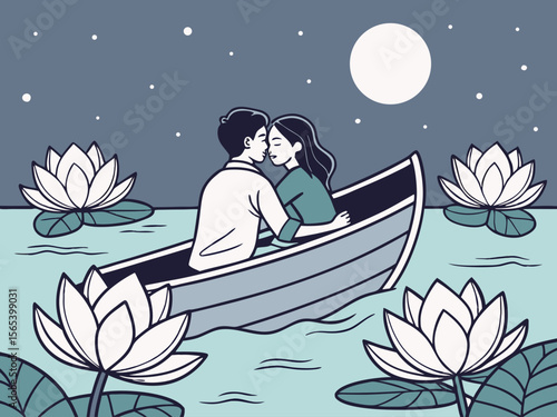 A couple in love at midnight in a boat among blooming lotuses