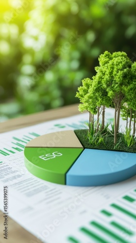 ESG, Environment and Investment Green pie chart with trees on a financial report background.